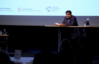 India's Minister of Road Transport, Highways and Shipping Nitin Gadkari delivers a keynote speech at Vision Zero Conference in Stockholm on 14 June